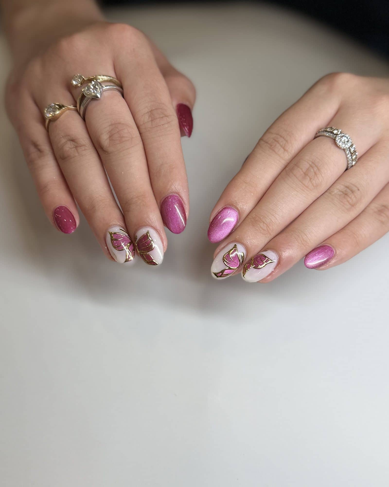 Magenta shellac with hand-painted white accents, edge to edge